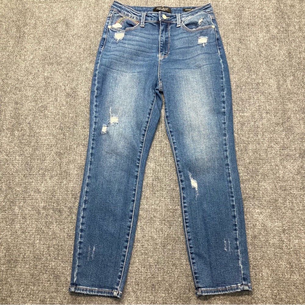 Judy Blue Jeans Women's 7/28 Blue Straight Leg Embroidered Rainbow Distressed